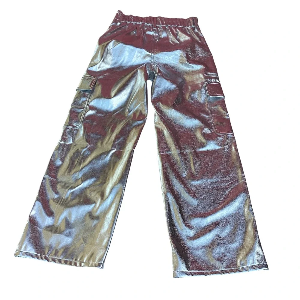 No Boundaries Metallic Silver Cargo Pants Wide Leg Faux Leather Festival S 4-6